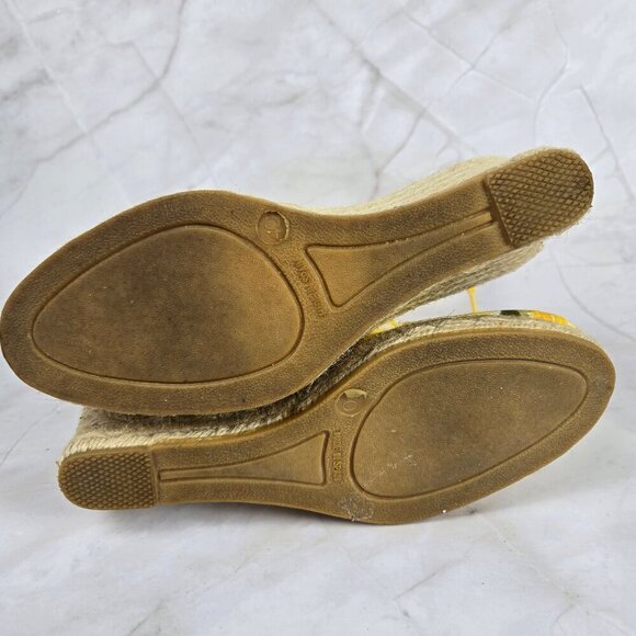 L. K. Bennett Size 40 (US 8.5) Yellow Lace Up Wedge Heels Floral Print Textile - Picture 11 of 16